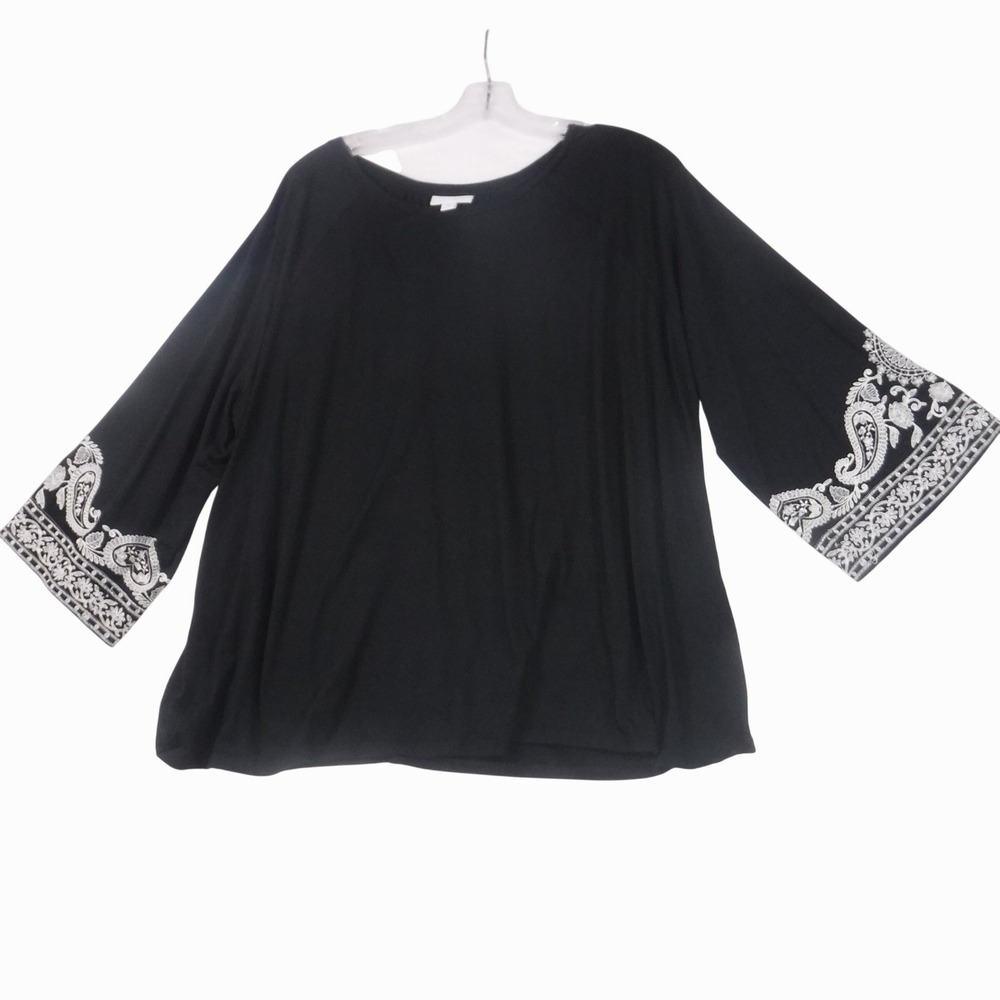 J. Jill Black Embroidered Bell‎ Sleeve Knit Top Plus Size 2X Boho Blouse
